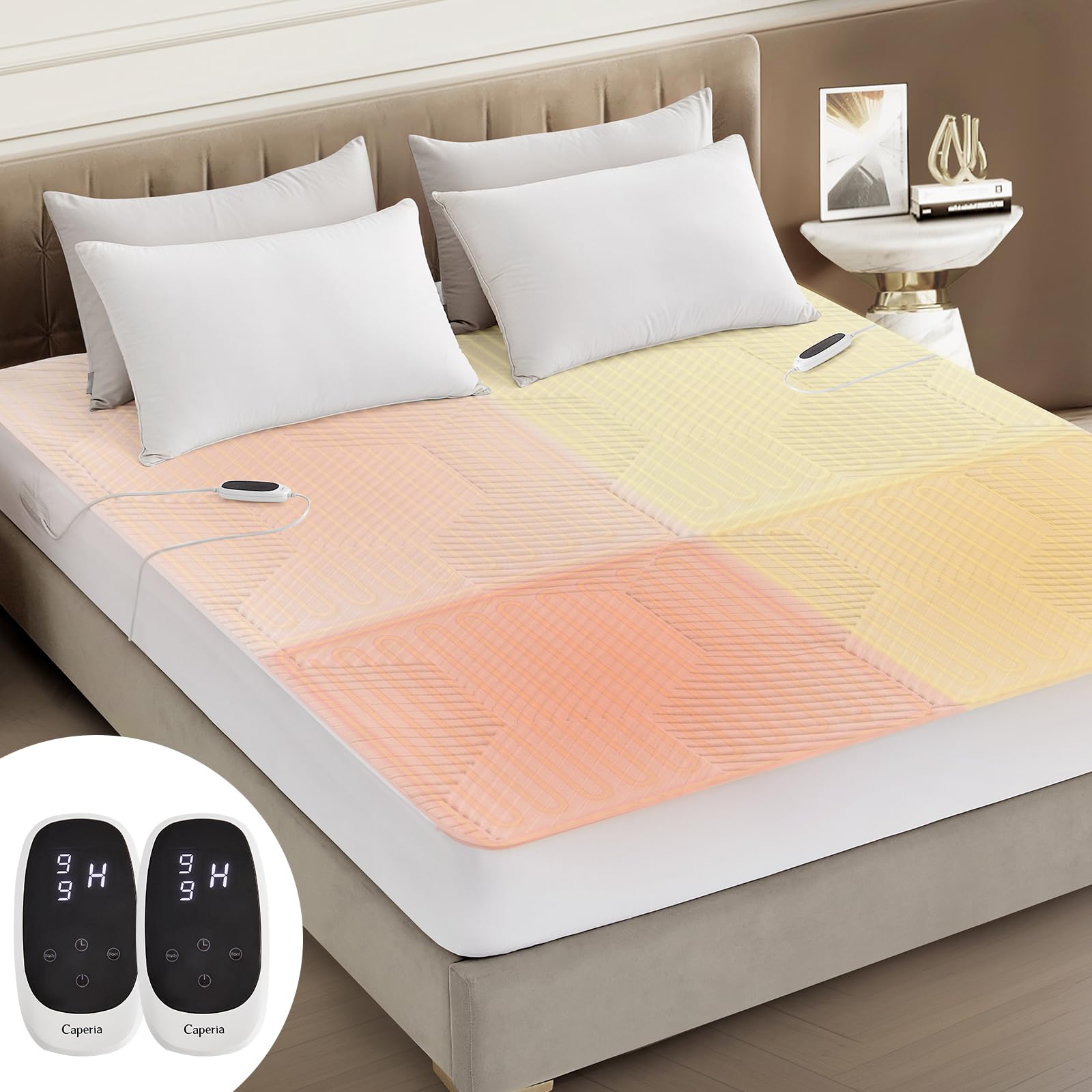Caperia Multizone Waterproof Heated Mattress Pad, Individual Body &Feet Electric Mattress Bed Warmer 9 Heat Settings, 1-12Hours